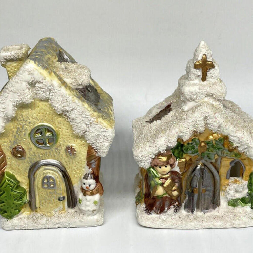 Christmas Village House and Church 4" Porcelain Tea Light Candle Holders Vintage